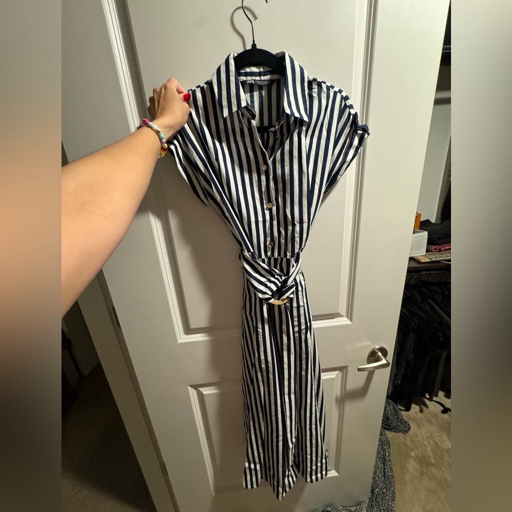 ZARA XS WOMAN STRIPED LINEN BLEND SHIRT DRESS BELTED BLUE WHITE.